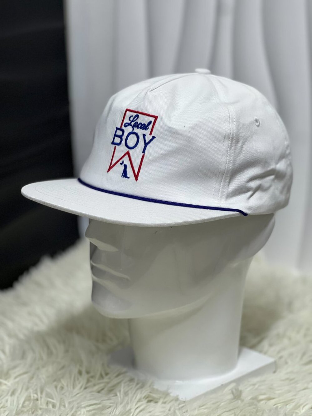White "Local Boy" Embroidery Snapback Hat Red Blue Detail Adjustable Streetwe